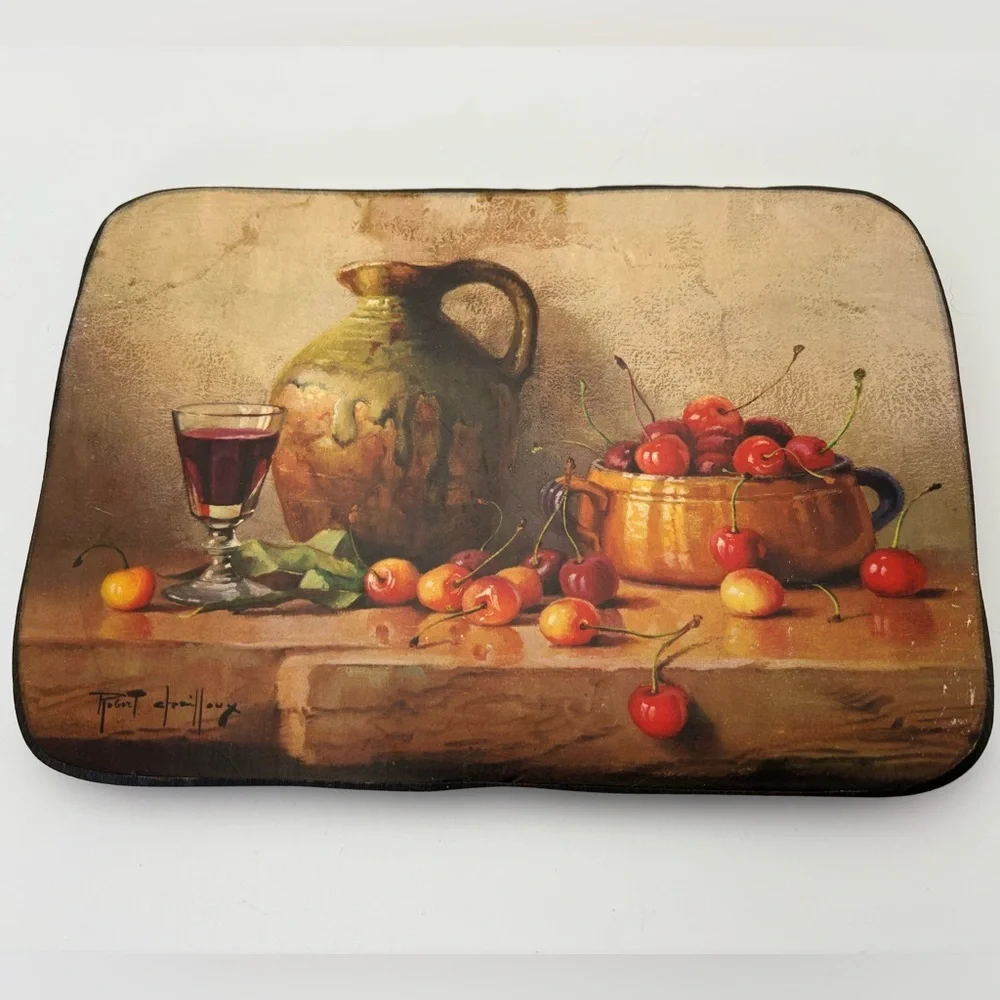 Vintage “Still Life With Cherries” Art on Wood Wall Plaque